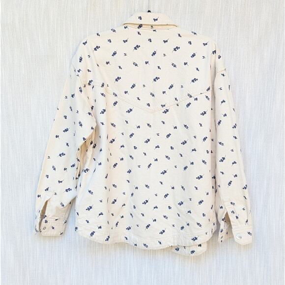 Frank & Oak Cream/White Floral Denim Button-up Long Sleeve Overshirt, size M - Picture 2 of 6